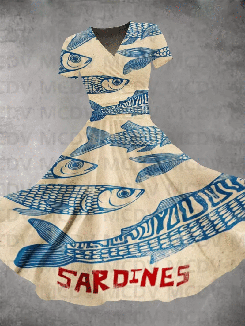 Women’s sexy v-necked maxi dress vintage fish and lobster print for women. Sardines’ dress.