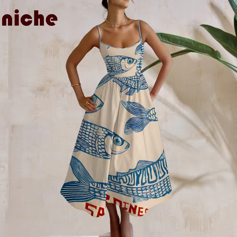 A-Line 2024 Trendy Skirt With Sardine Art Print: Soft Fabric Paired With A Spunky, Edgy Print