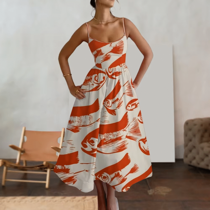 The Casual Women's Long A Shaped Dress with Colored Fish Print is a sleeveless summer essential