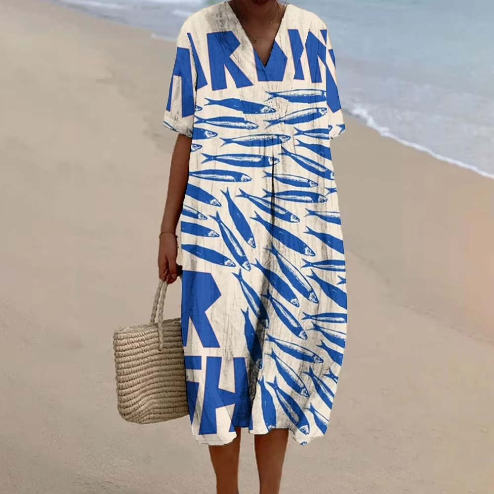 An Elegant V, High Waist Loose Women’s Dress With Campus Wind Style, Bohemian Style, New Simple Blue Sardine Skirt Shirt For Girls