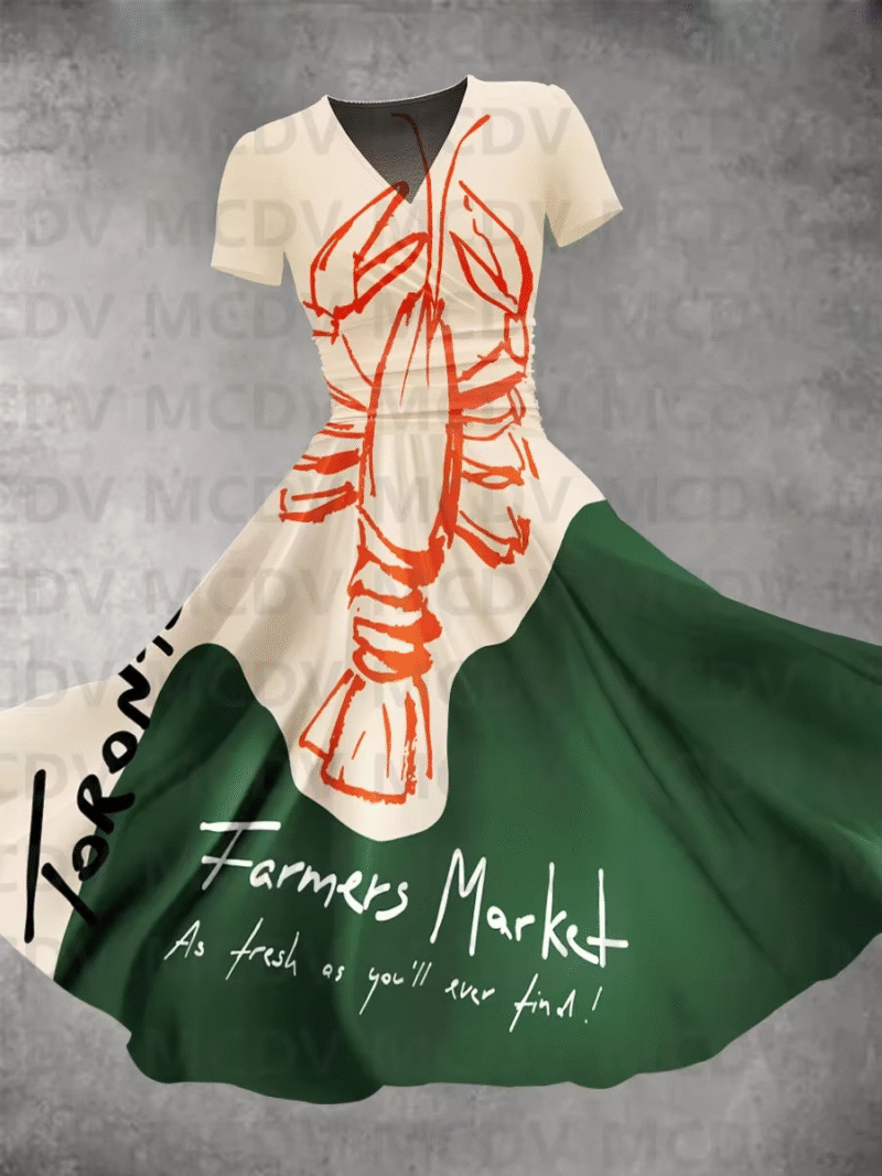 Women’s sexy v-necked maxi dress vintage fish and lobster print for women. Sardines’ dress. - Image 6