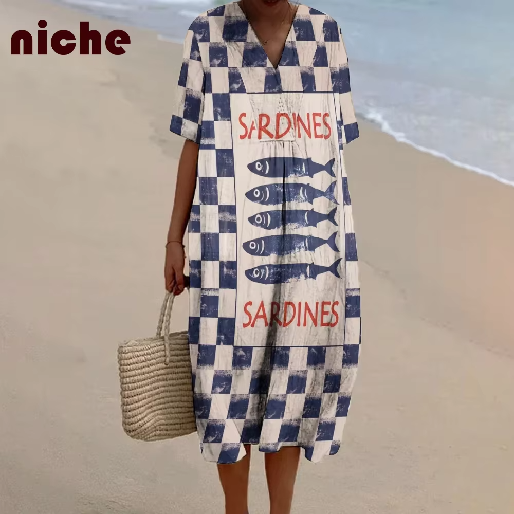 Women's New Loose And Comfy Beach Skirt With Sardines Plaid Graphic Print On Soft Bamboo Hemp Fabric Beach Sarong