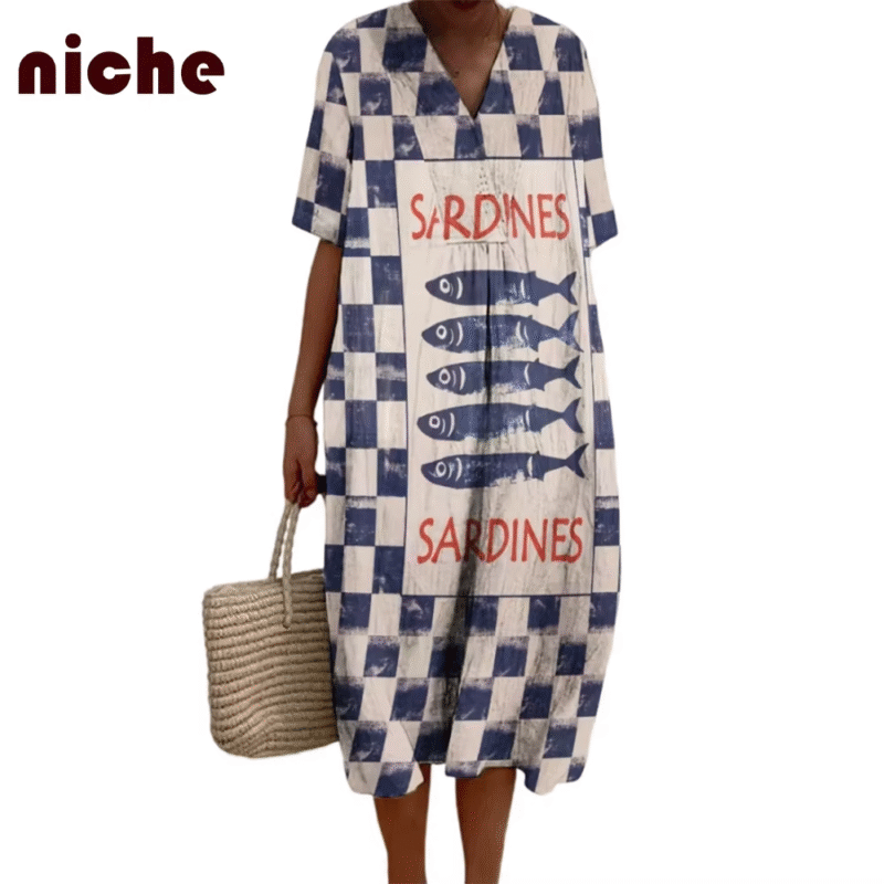 Women's New Loose And Comfy Beach Skirt With Sardines Plaid Graphic Print On Soft Bamboo Hemp Fabric Beach Sarong - Image 2