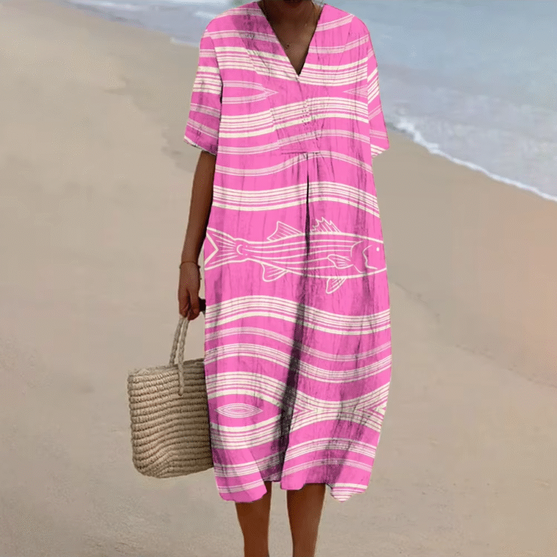 Dress Girls' Fashion Pink Hand Painted Sardines V-neck Casual skirt Summer