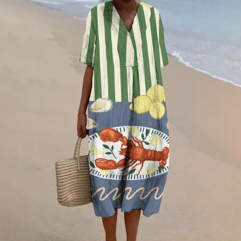 Women's Crab Print Summer Cotton Sewing Dress Bohemian Cotton Vacation Outfits Luxury Hawaii Beach Dresses for Women in 2024 Sardines' attire