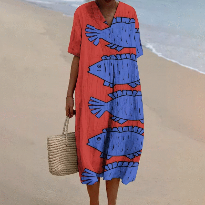 V-neck Printed Waist Maxi Sexy Dress Short Sleeve Long Sand Beachwear Long Dresses High Quality Luxury Design Sardine dresses for sundresses