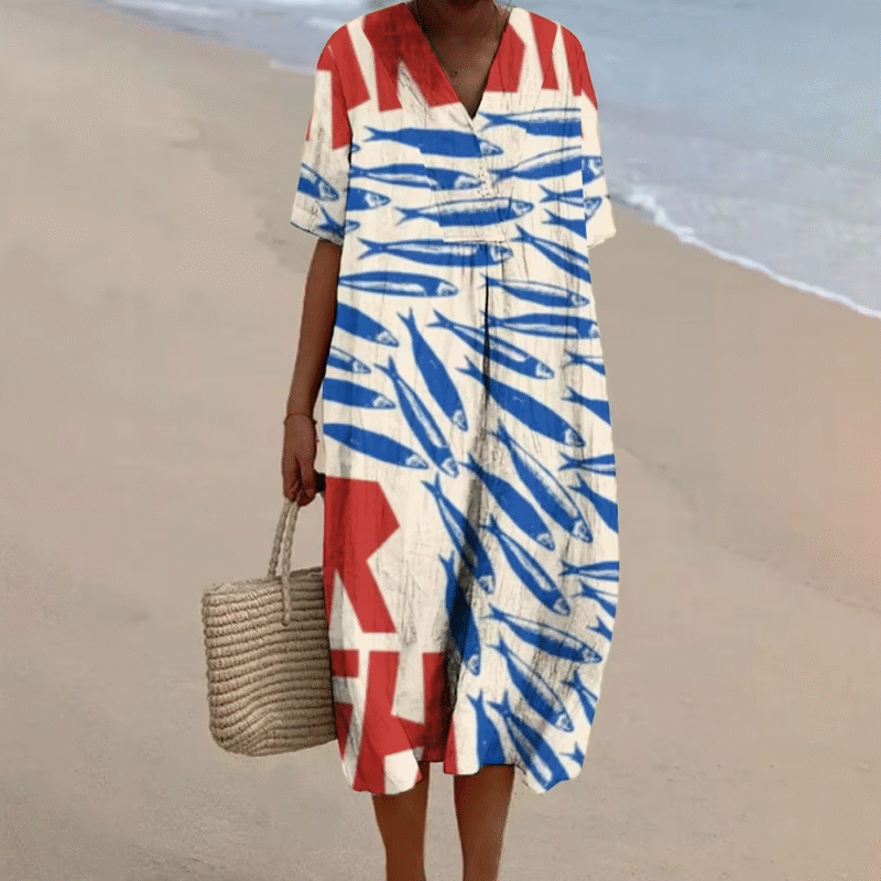 Sardines Dress Women's Casual V Neck Long Dress with Blue Sardine Fish Print, Stylish Designer Outfit for Girls, Vacation Dresses
