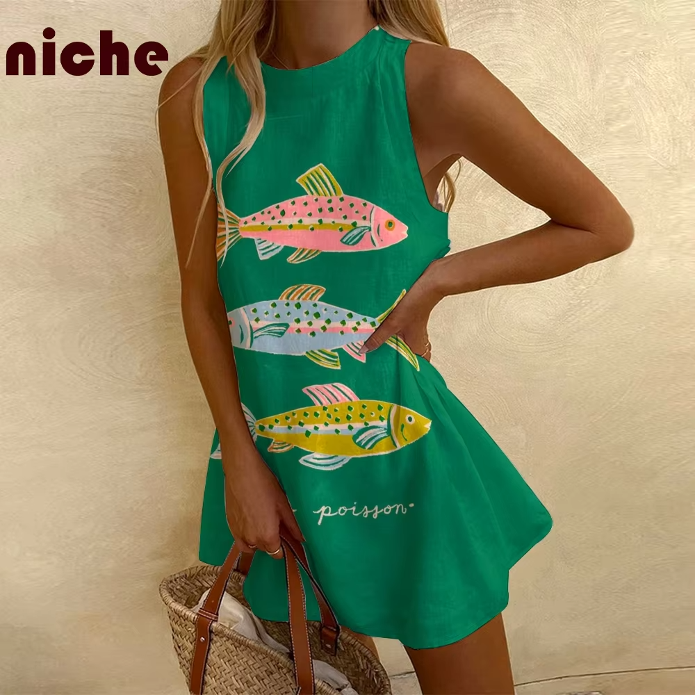 Dresses for Women in Solid Colors Adorable Green Hand-Painted Sardines Print Dresses Fashion Trend: New Beach Dresses for Parties
