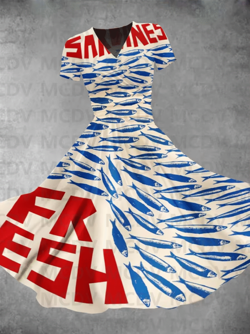 Women’s sexy v-necked maxi dress vintage fish and lobster print for women. Sardines’ dress. - Image 2